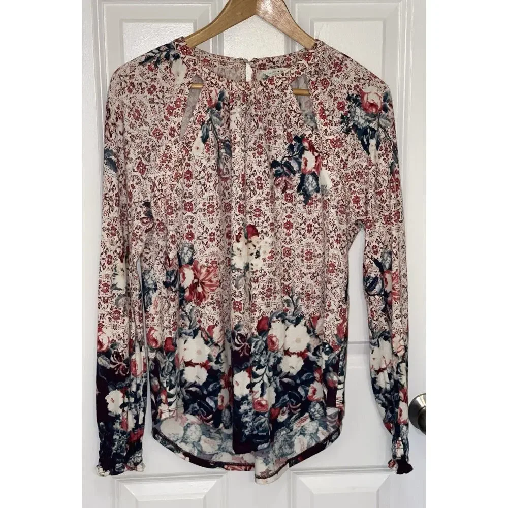 Lucky Brand Women's Boho Peasant Blouse Back Button Keyhole 2 Front Keyholes (M)